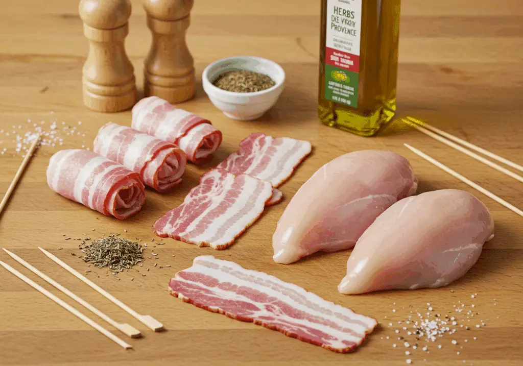 Ingrédients pour roulés de poulet au lard disposés sur plan de travail