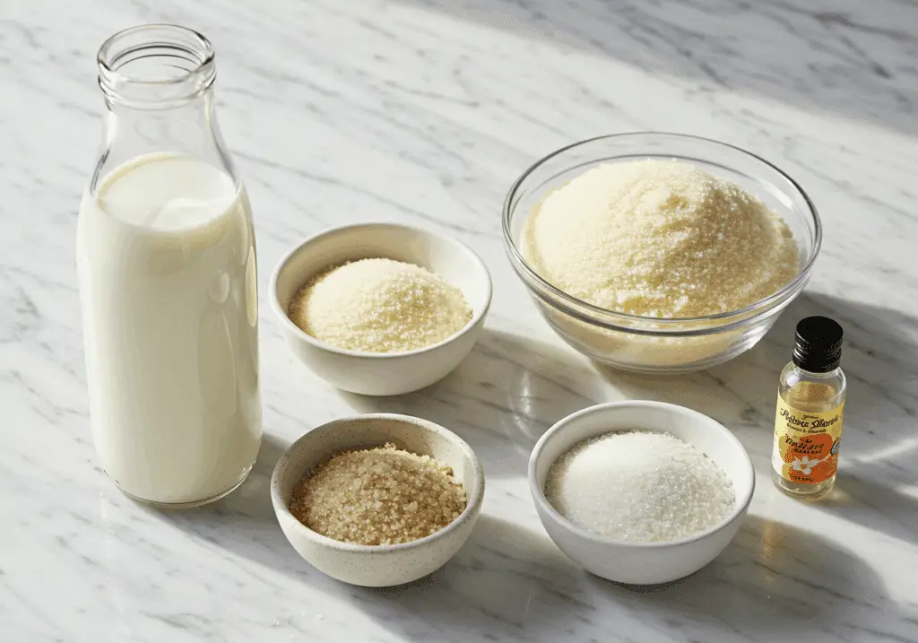 Ingrédients semoule lait fleur oranger sucre vanille disposés marbre blanc