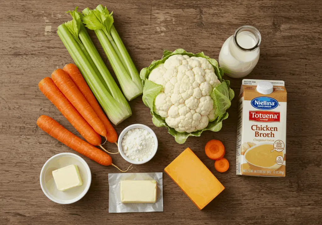 Ingrédients soupe chou-fleur tête entière carottes céleri lait beurre farine cheddar