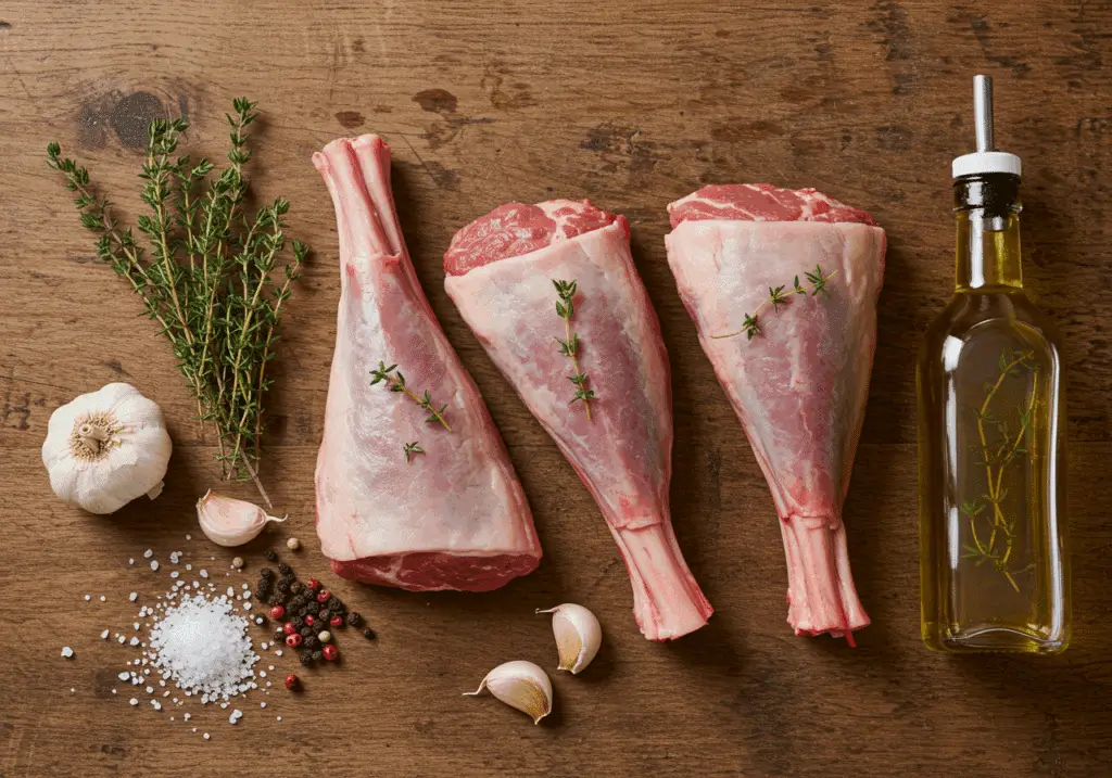 Ingrédients souris agneau crues ail bulbe thym frais sel poivre huile olive bois rustique