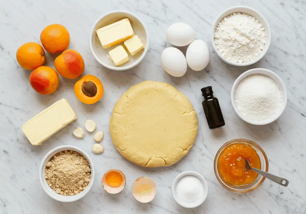 Ingrédients tarte abricots amande disposés marbre avec fruits frais