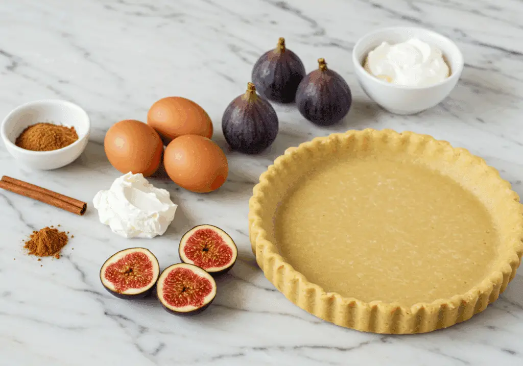 Ingrédients frais pour tarte aux figues sur plan de travail