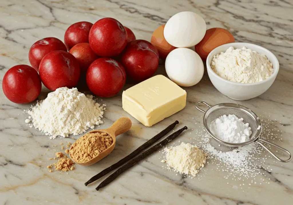 Ingrédients tarte mirabelles sans crème disposés sur marbre blanc