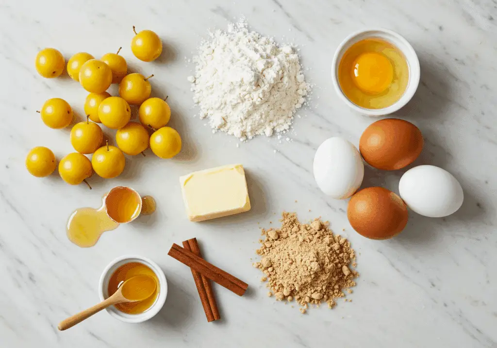 Ingrédients tarte aux mirabelles simplissime disposés sur marbre