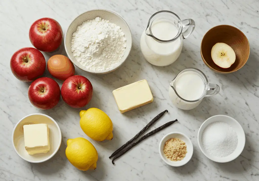 Ingrédients tarte pommes crémeuse pommes œufs farine lait beurre citron vanille