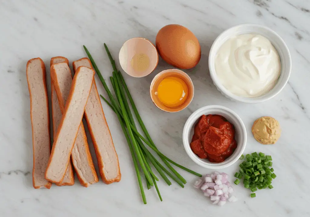 Ingrédients terrine surimi bâtonnets œufs crème concentré tomate moutarde échalote