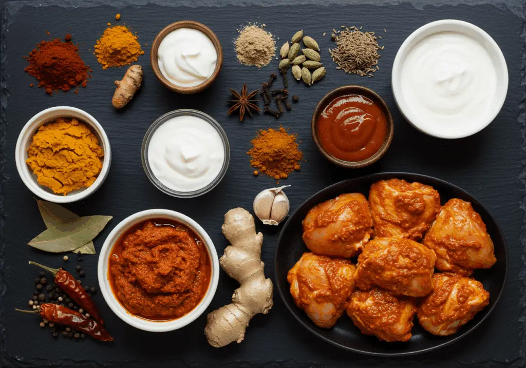 Ingrédients tikka masala poulet mariné pâte épices yaourt sauce tomate crème ardoise