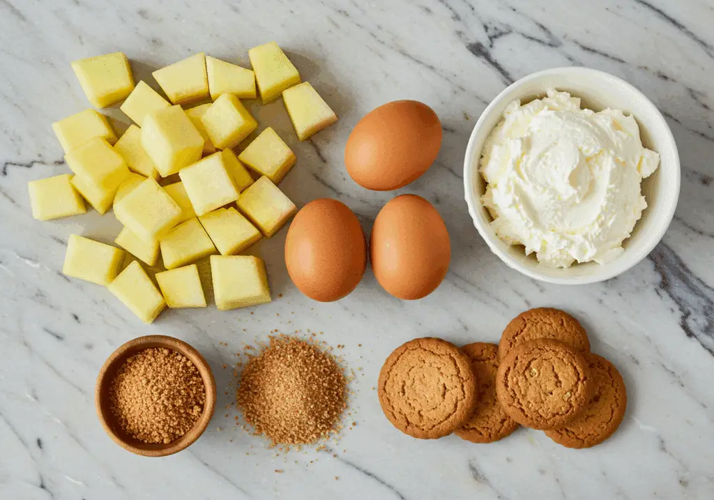 Ingrédients tiramisu melon speculoos disposés sur marbre blanc