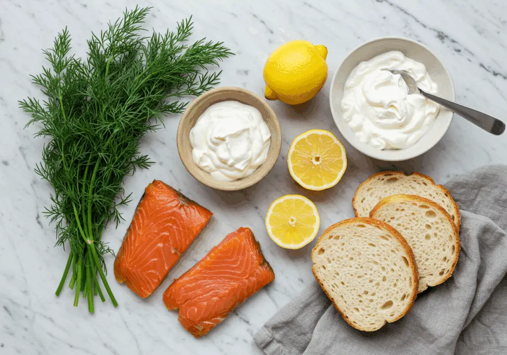 Ingrédients premium toasts crème saumon fumé marbre blanc aneth frais