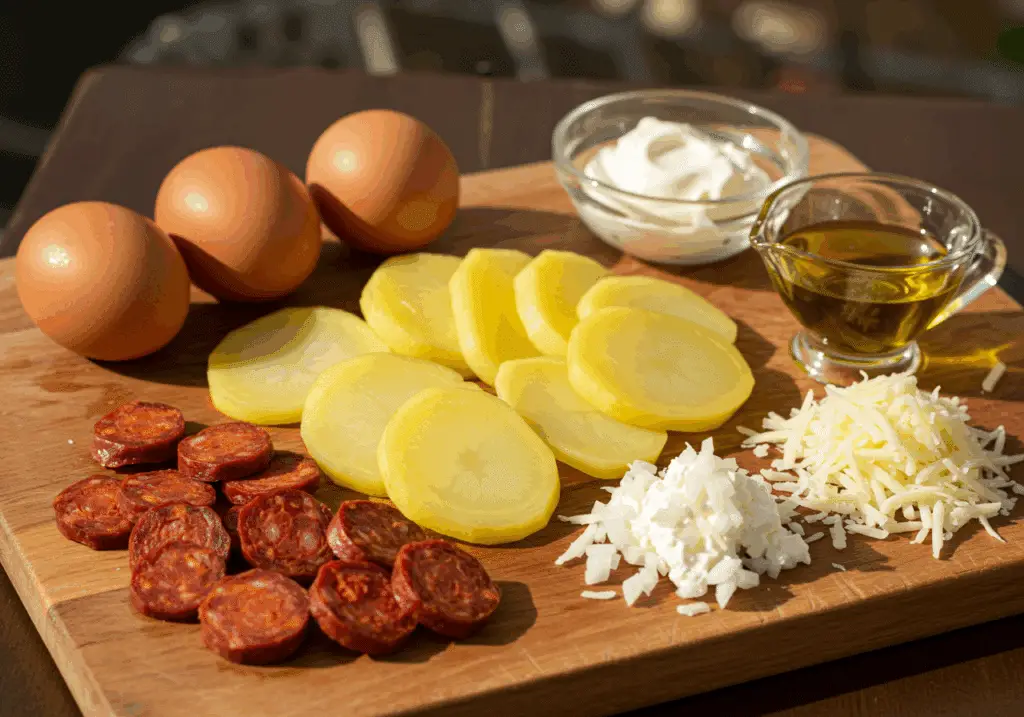 Ingrédients tortilla espagnole œufs pommes terre chorizo oignon fromage huile olive