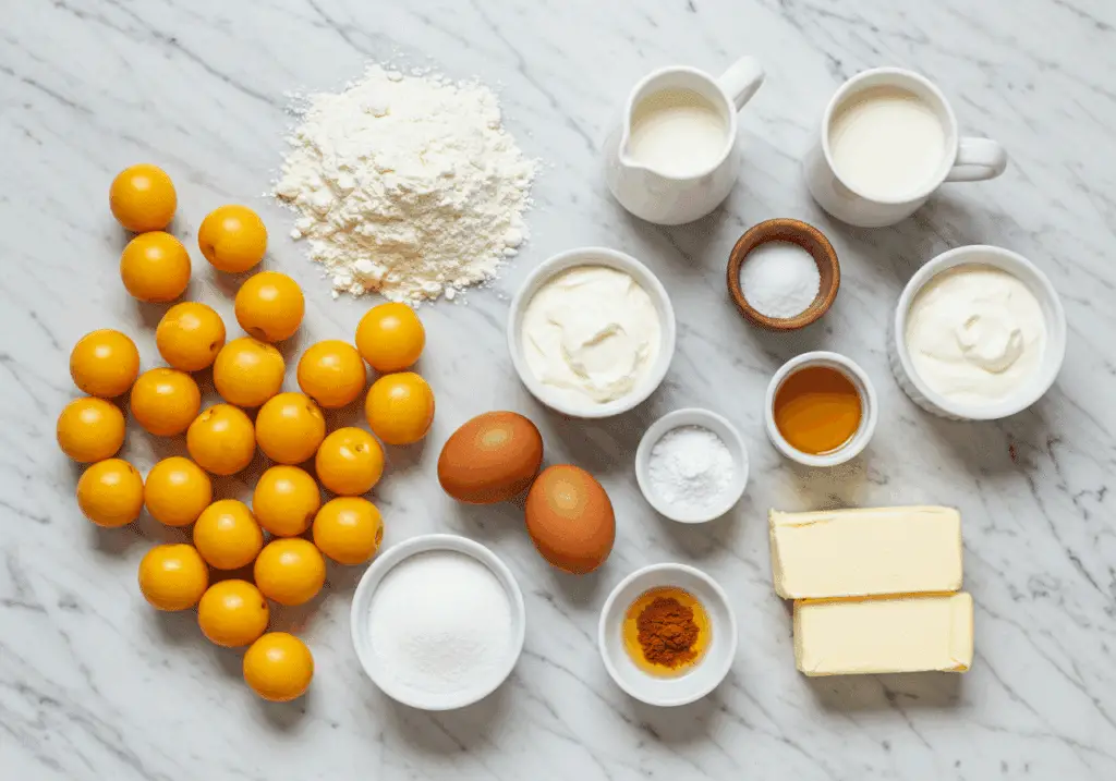 Ingrédients tôt-fait mirabelles disposés sur marbre blanc cuisine