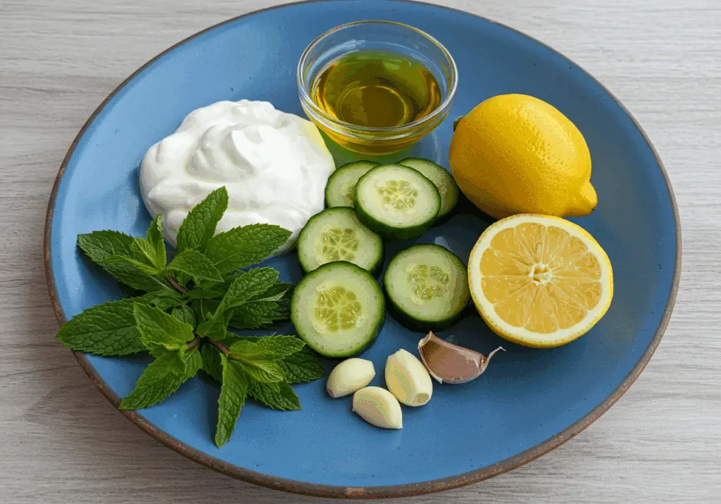 Ingrédients Sauce Tzatziki yaourt grec concombre ail menthe sur assiette bleue