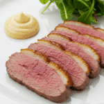 Magret de canard sauce foie gras tranché rosé assiette gastronomique