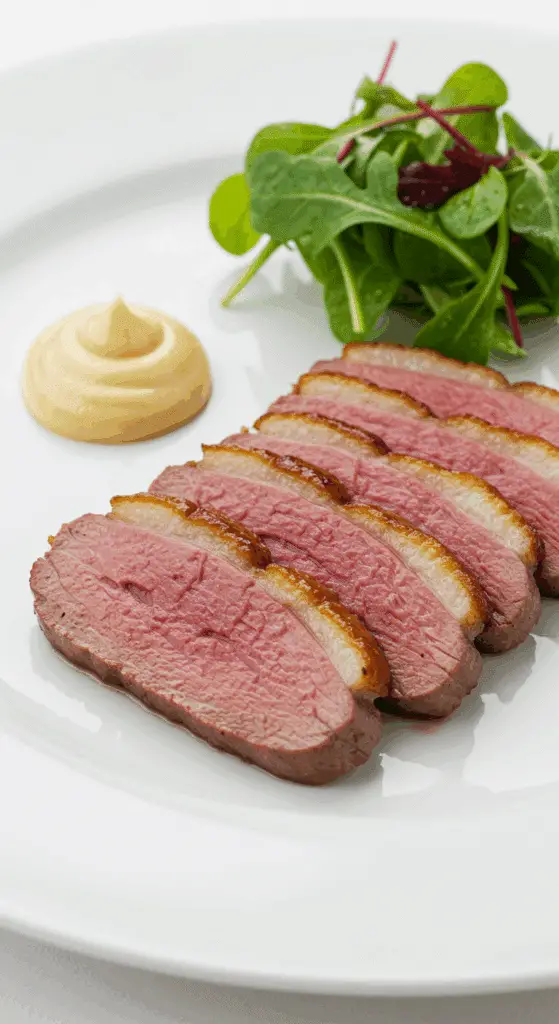 Magret de canard sauce foie gras tranché rosé assiette gastronomique