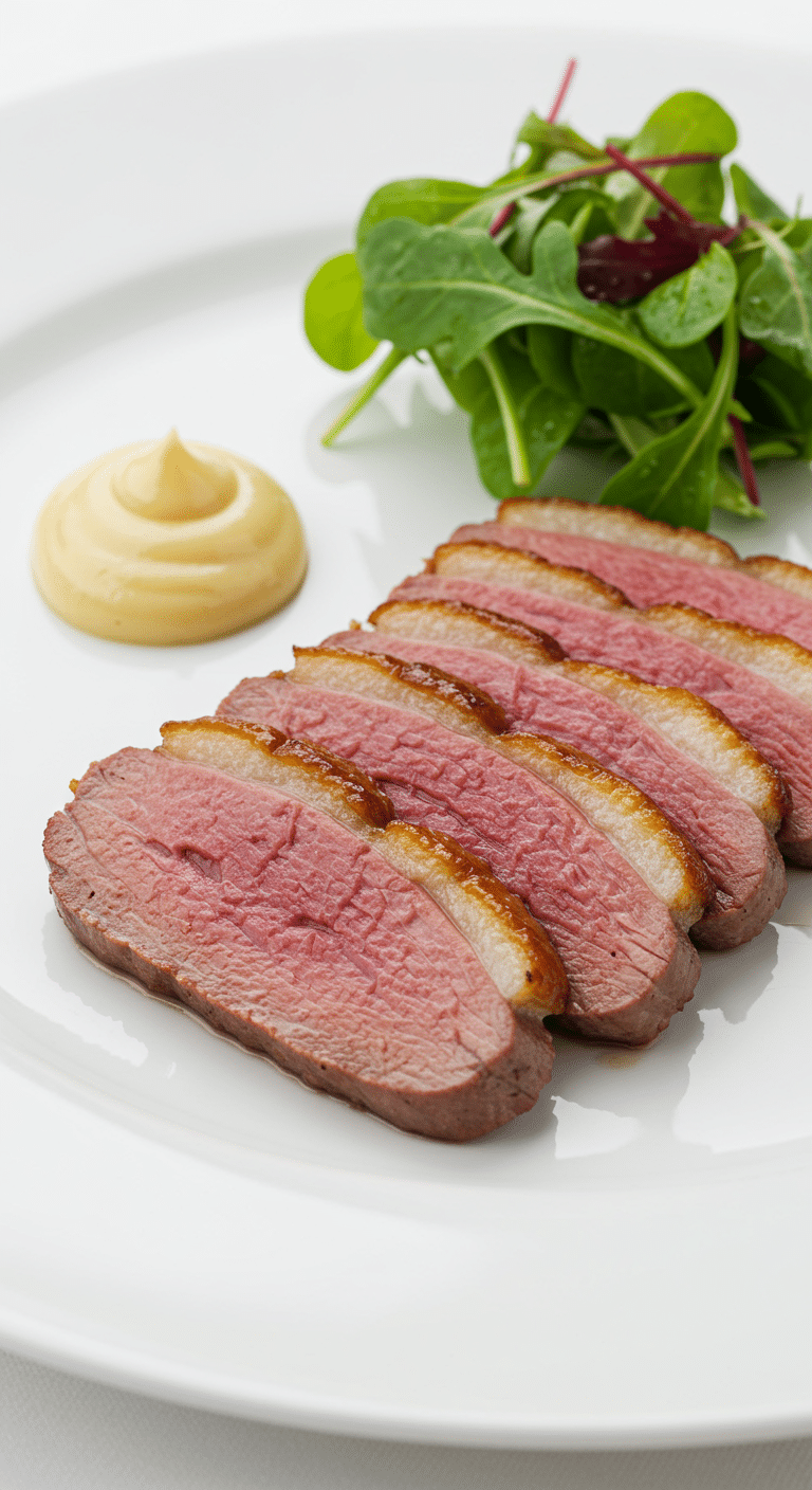 Magret de canard sauce foie gras tranché rosé assiette gastronomique