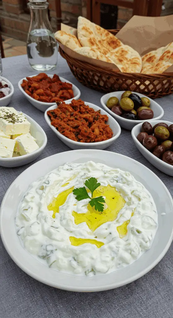Mezze grec avec Sauce Tzatziki pain pita olives feta sur table méditerranéenne