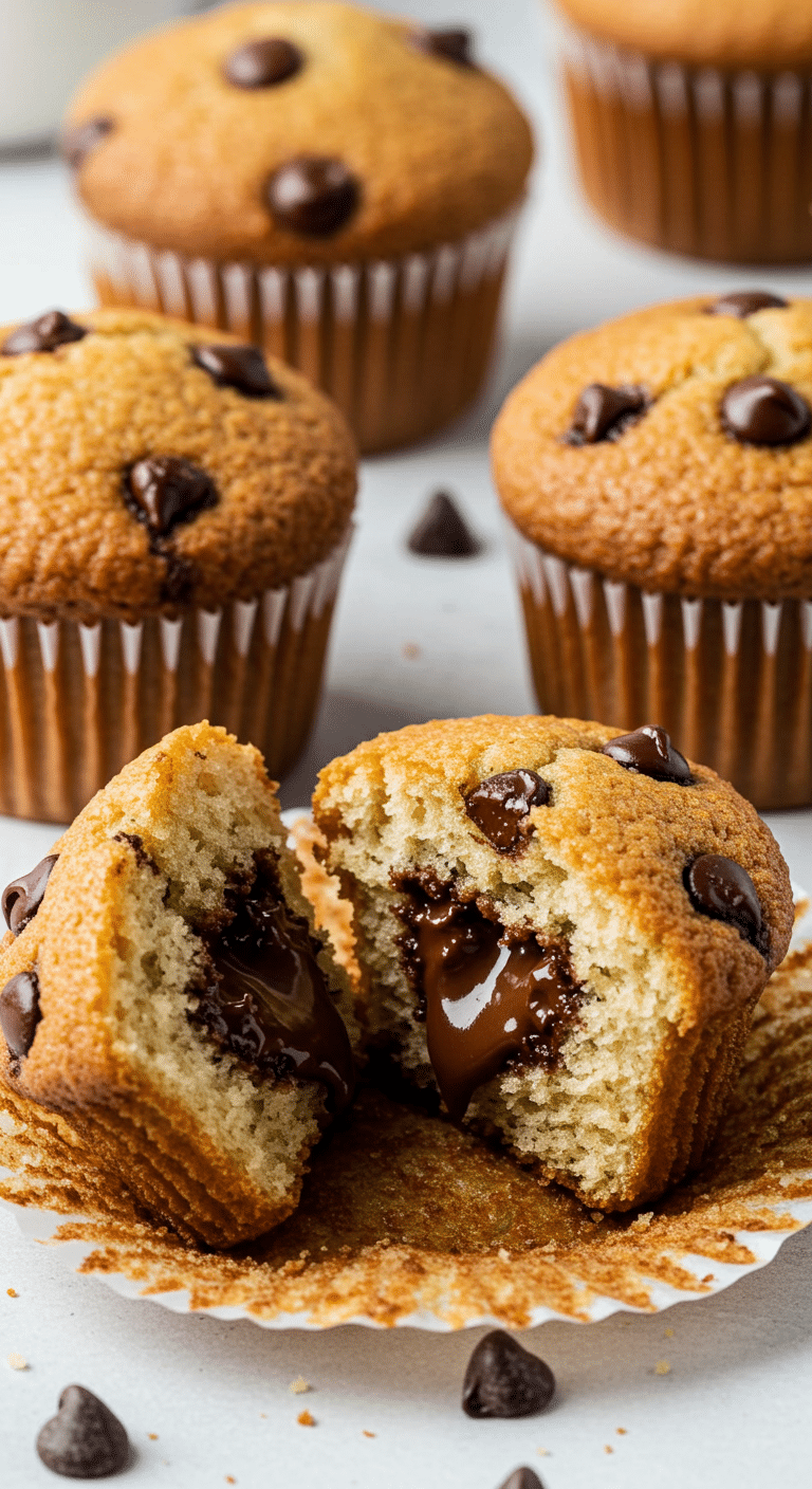 Muffins au yaourt et chocolat fondant dorés avec pépites visibles sur table bois