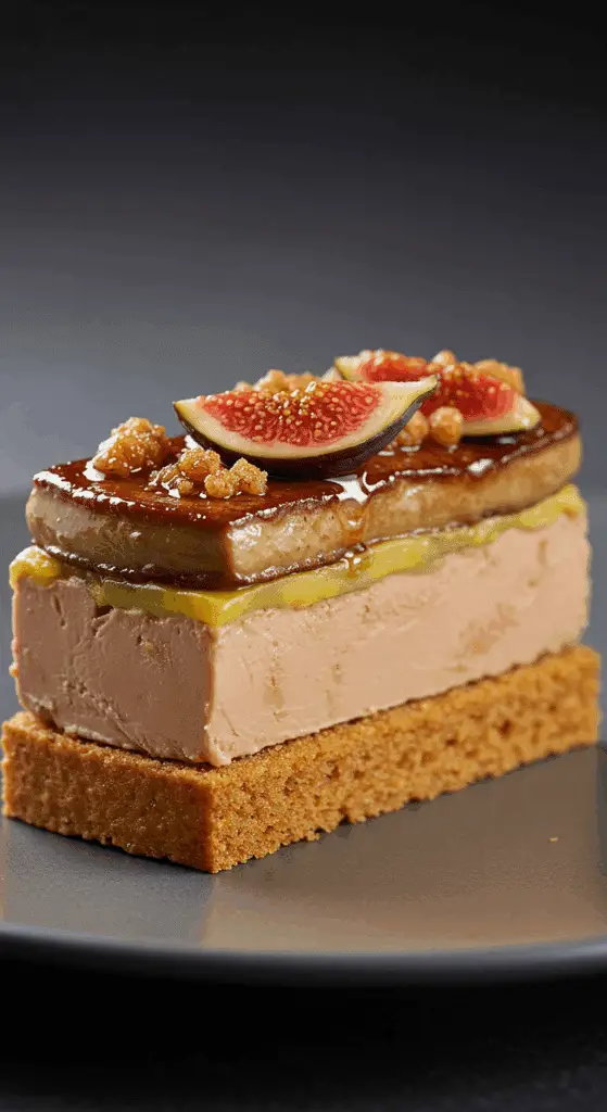 Opéra au foie gras élégant pain d'épices gelée vin rouge assiette