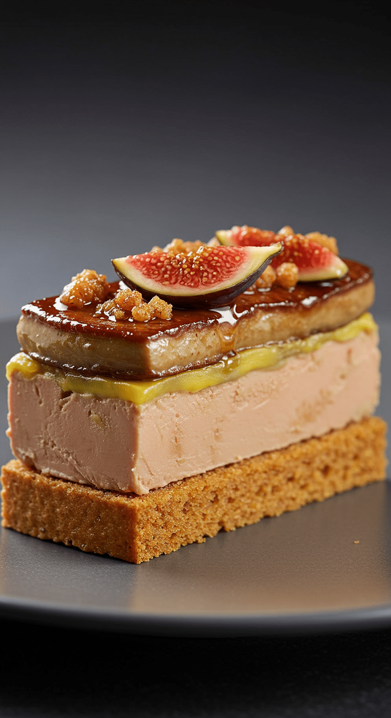 Opéra au foie gras élégant pain d'épices gelée vin rouge assiette