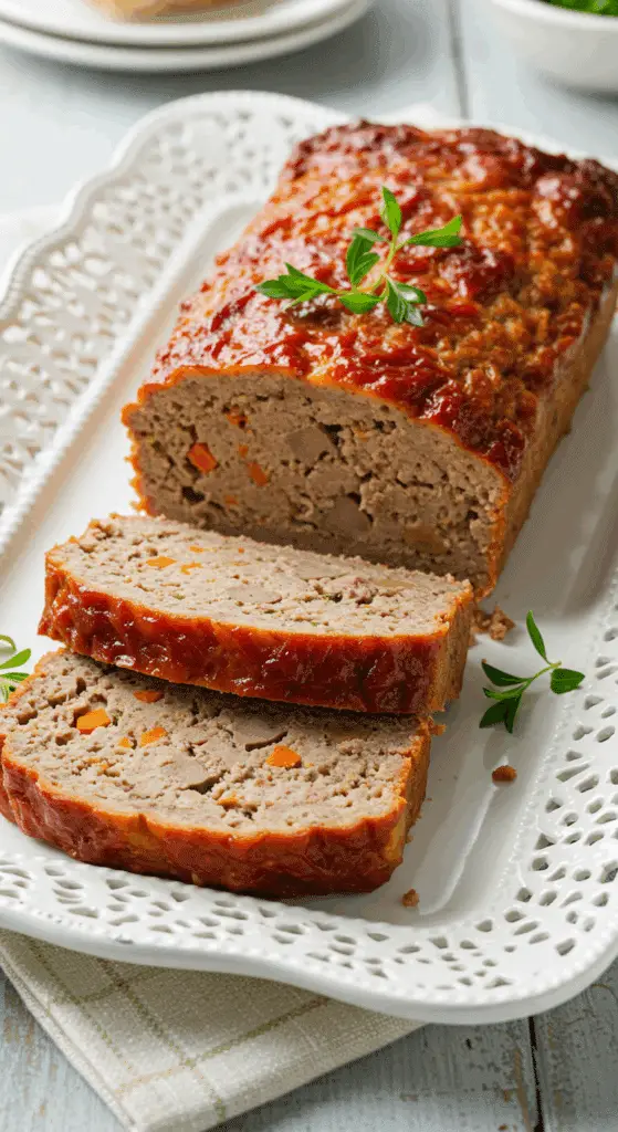 Pain de viande aux foies de volailles tranché sur assiette