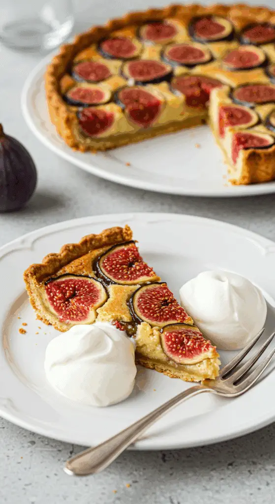 Part tarte amandine figues service élégant assiette blanche