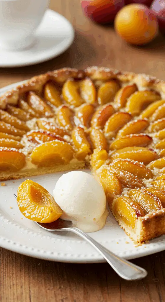 Part de tarte aux mirabelles simplissime servie avec glace vanille