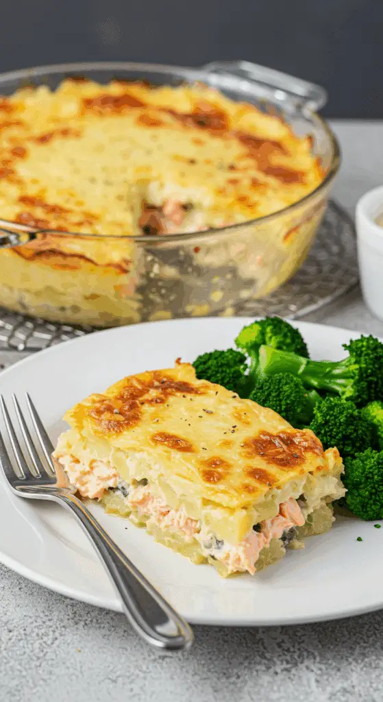 Pâté saumon sans croûte gratiné plat céramique fromage doré présentation familiale