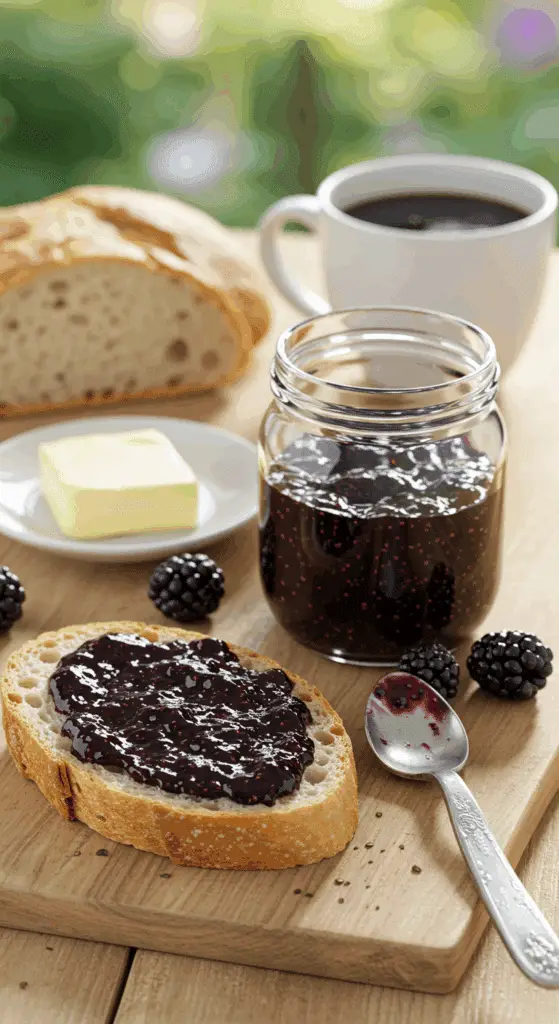 Petit déjeuner français confiture mûres pain rustique beurre café cuisine campagne