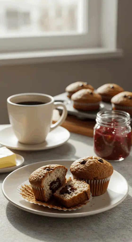 Petit-déjeuner muffins yaourt chocolat assiette céramique café confiture lumière