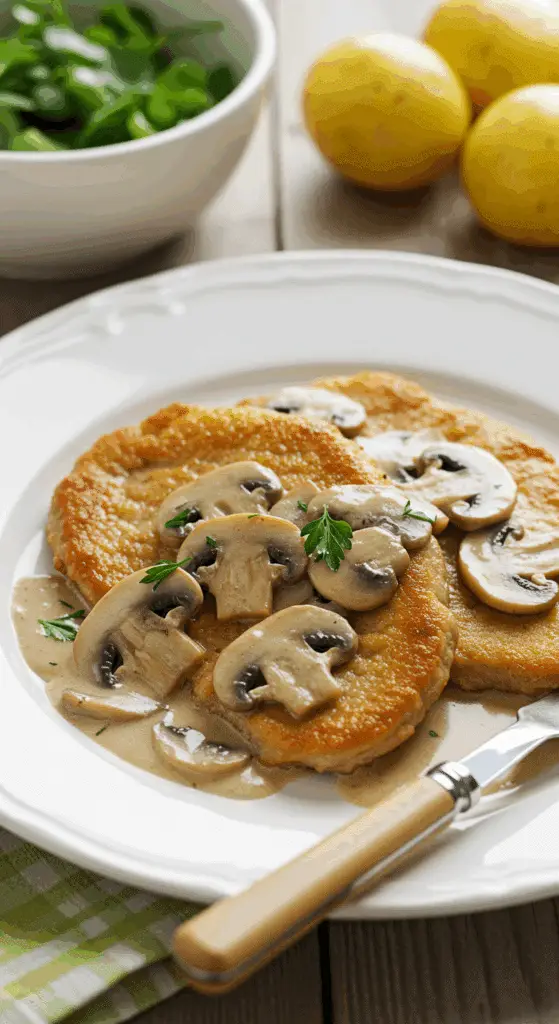 Piccata veau sauce Marsala champignons Paris crème dorée présentation italienne élégante