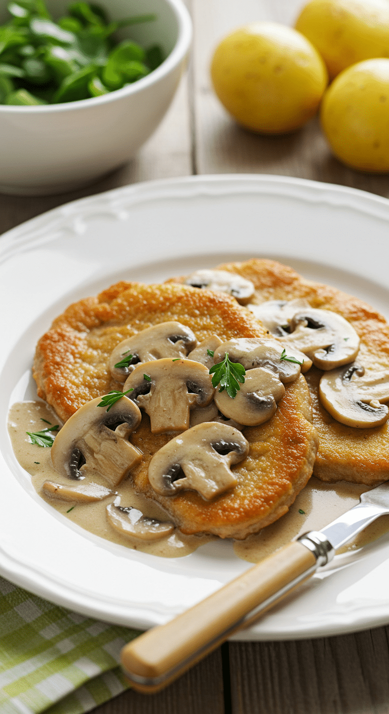 Piccata veau sauce Marsala champignons Paris crème dorée présentation italienne élégante