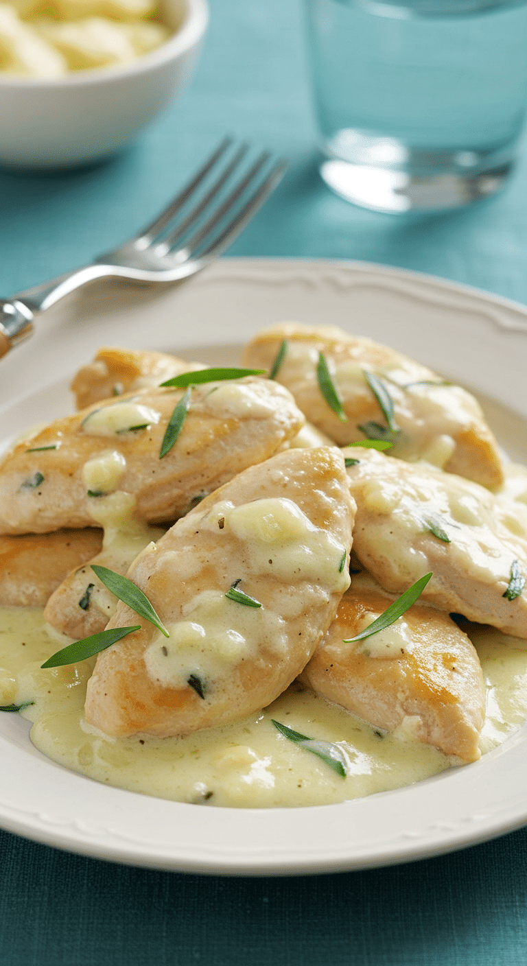 Poulet au Carré Frais et à l'estragon dans une assiette blanche
