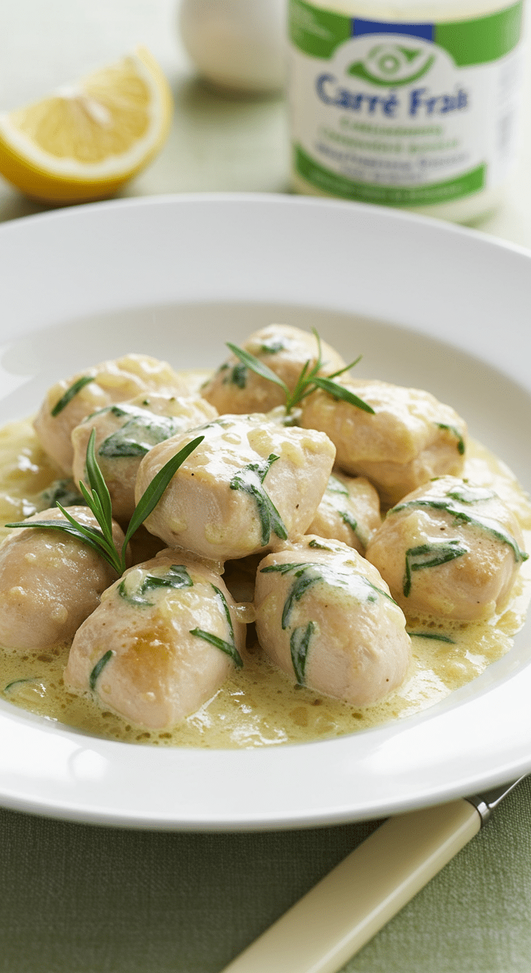 Poulet carré frais estragon sauce crémeuse assiette blanche cuisine française