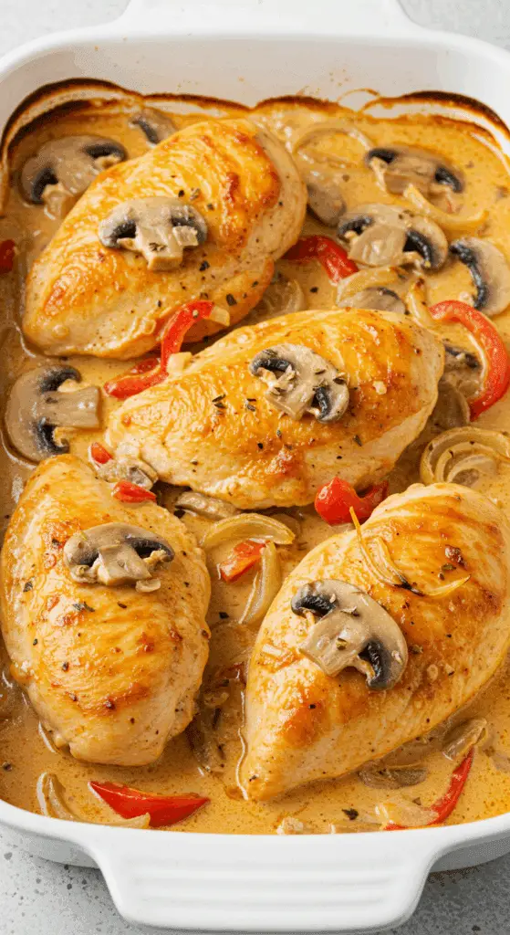 Poulet Stroganov au four dans plat céramique sauce crémeuse paprika