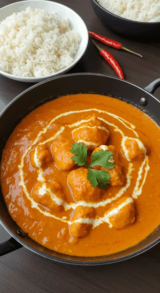 Poulet tikka masala épicé dans bol cuivre sauce crémeuse orange coriandre riz basmati