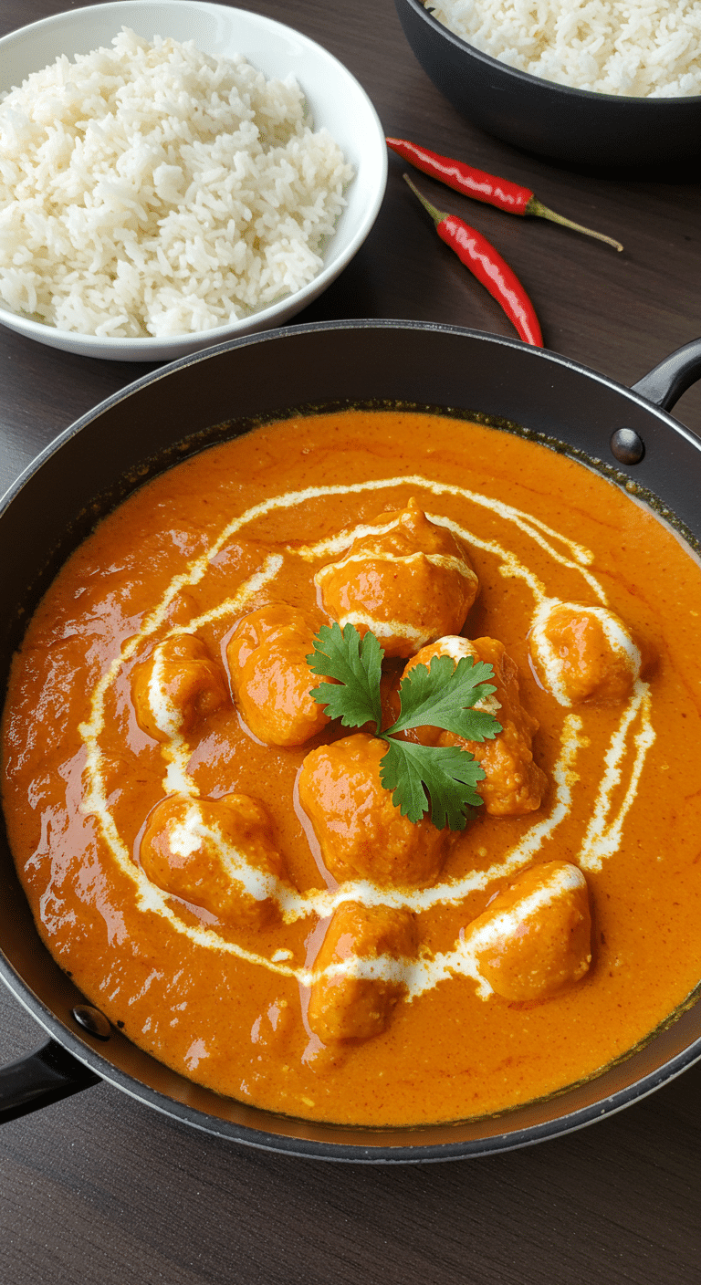 Poulet tikka masala épicé dans bol cuivre sauce crémeuse orange coriandre riz basmati