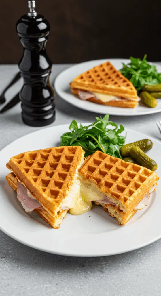 Présentation croque-gaufre raclette coupé fromage fondu salade cornichons assiettes