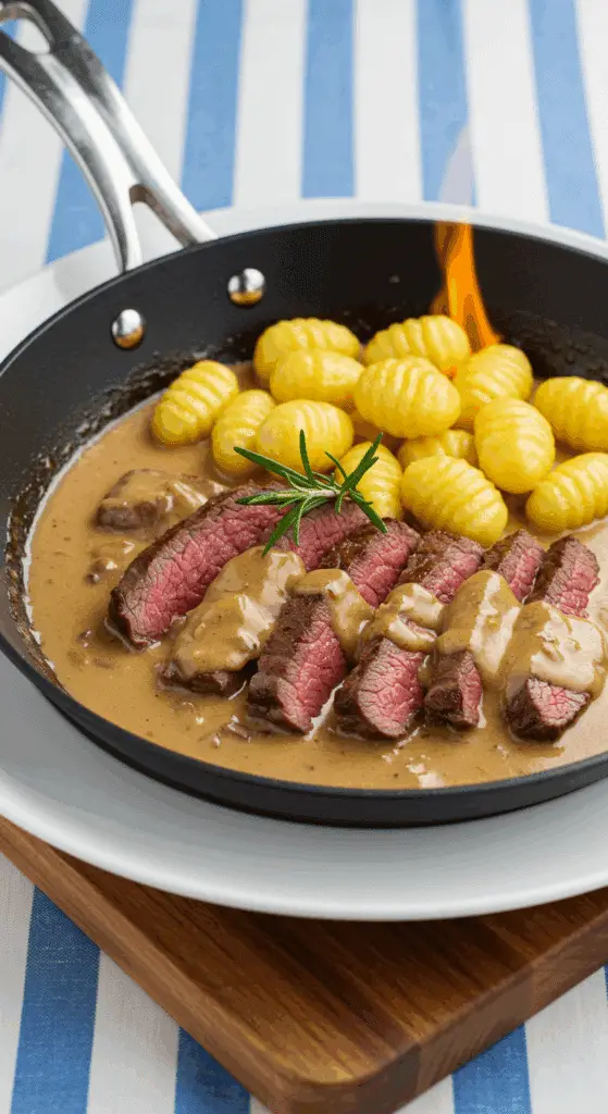 Présentation élégante émincé flambé avec gnocchis en assiettes blanches