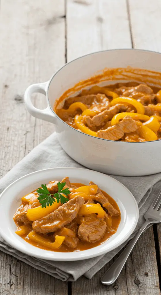 Présentation élégante émincé aux poivrons en assiettes creuses individuelles