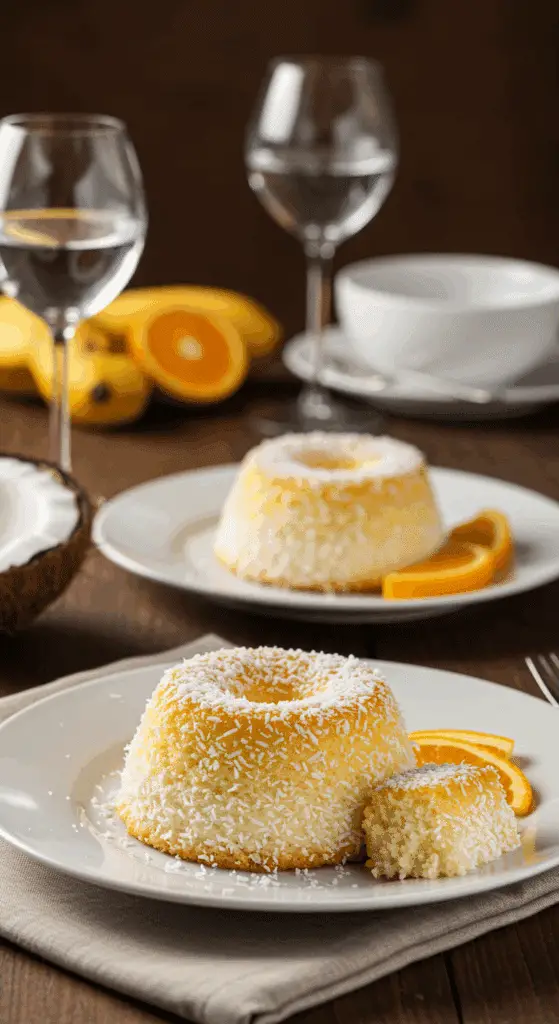 Présentation élégante fondant coco assiettes blanches copeaux frais fruits tropicaux