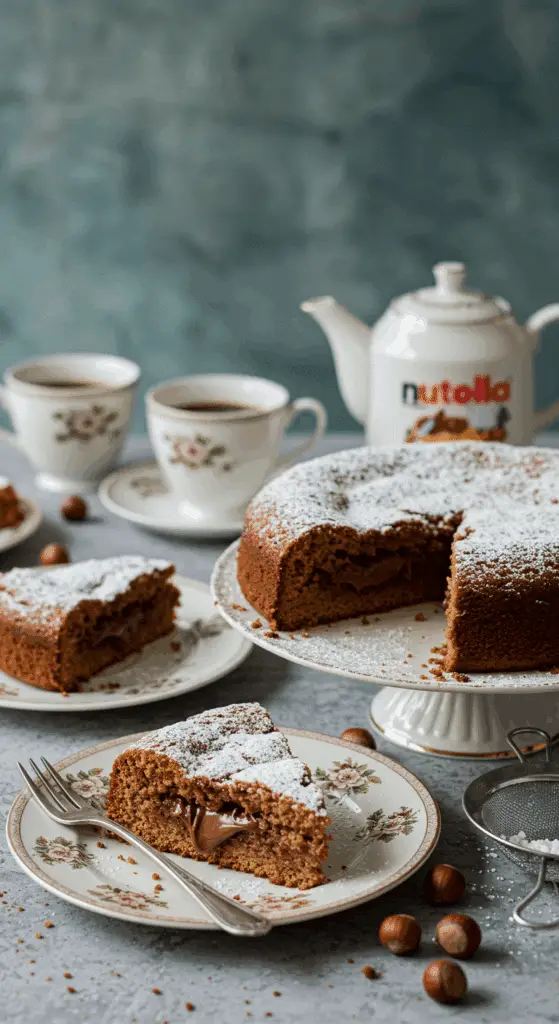 Présentation gâteau Nutella tranches assiettes vintage sucre glace café thé