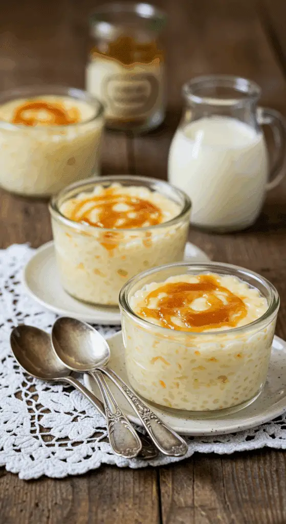 Présentation élégante riz au lait caramel ramequins cuillères vintage