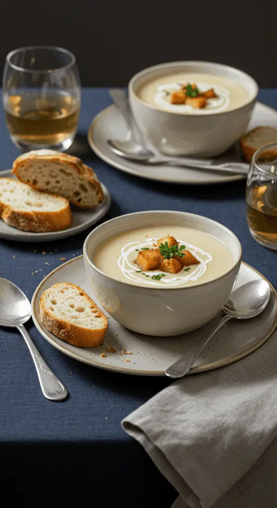 Présentation soupe chou-fleur bols céramique pain croustillant table hiver réconfort