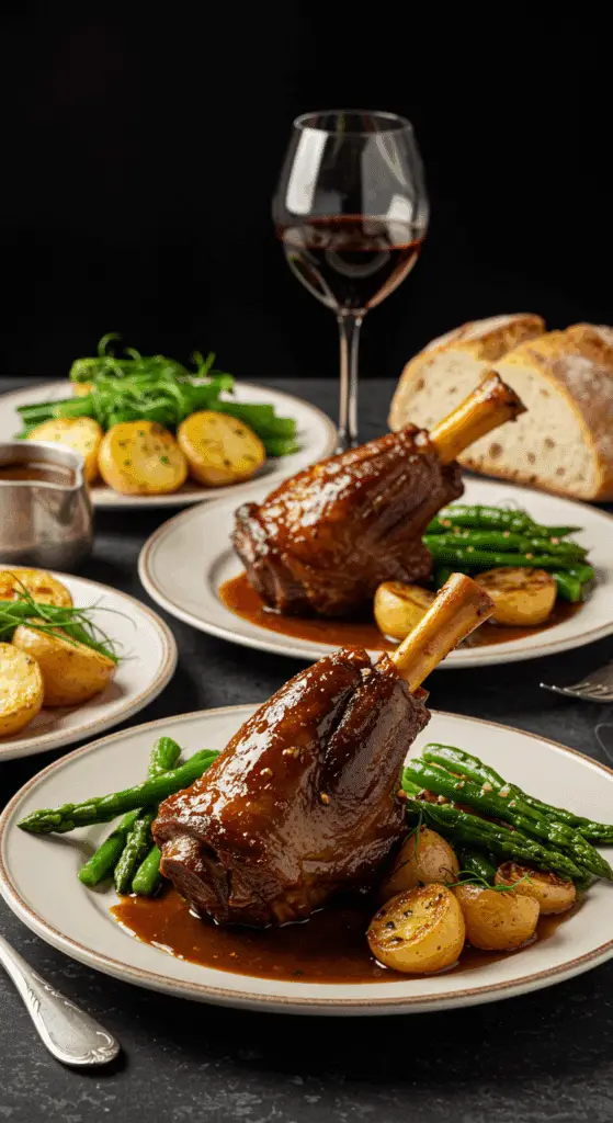 Présentation élégante souris agneau confites assiettes chaudes jus pommes terre légumes pain français