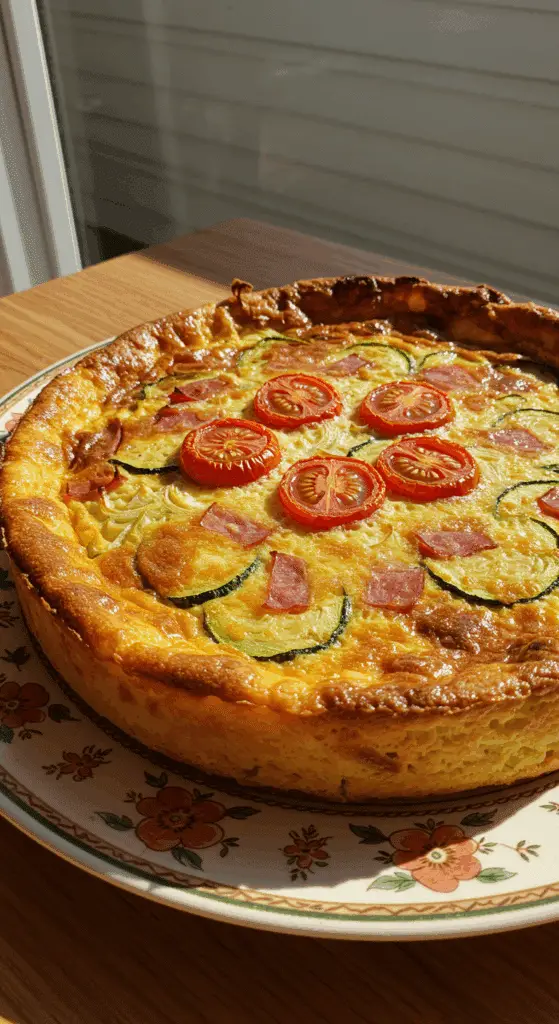 Quiche sans pâte aux courgette et jambon dorée dans plat blanc