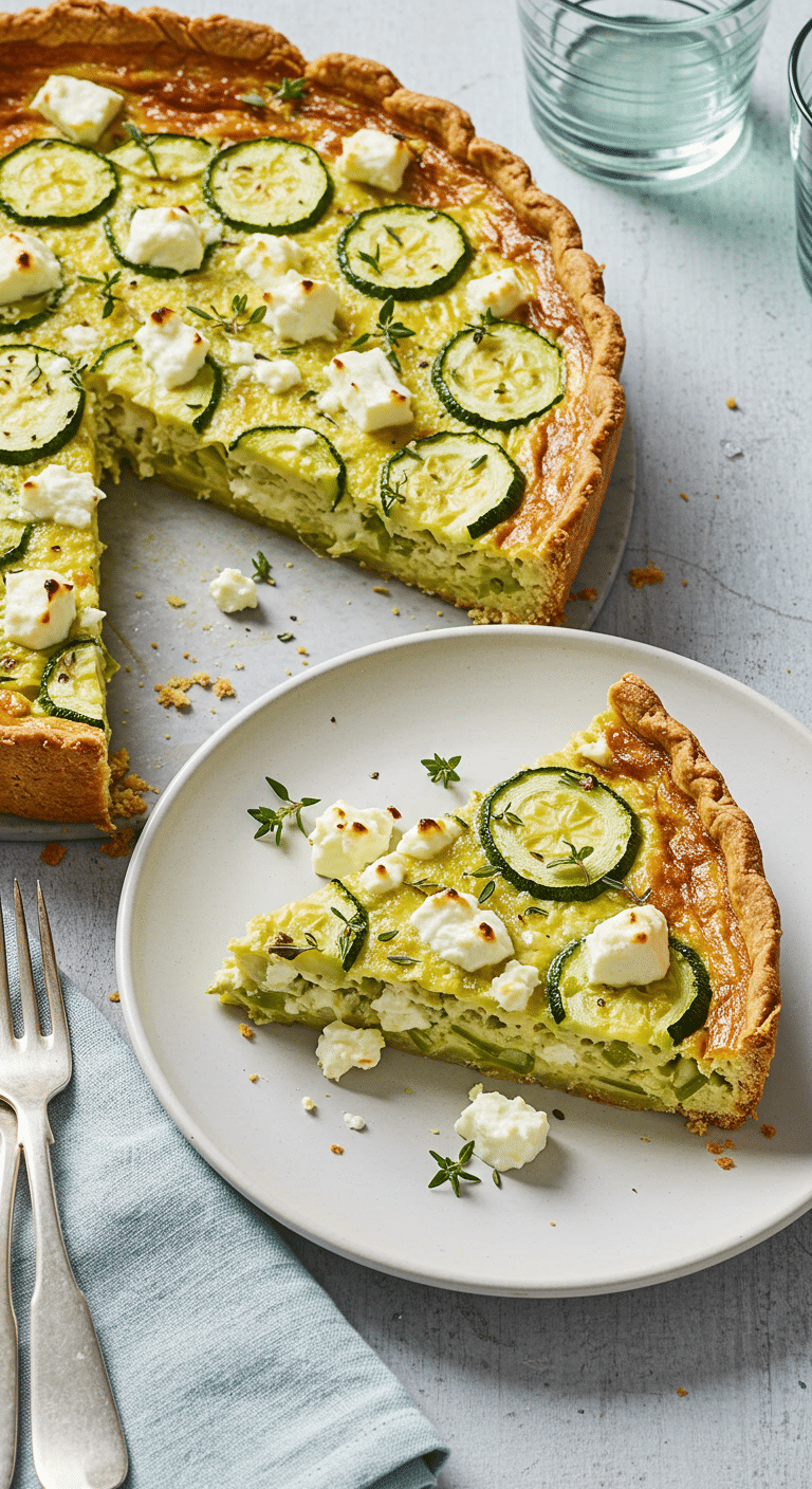 Quiche sans pâte courgettes feta élégante tranche assiette blanche
