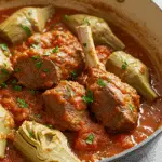 Ragoût d'agneau aux artichauts traditionnel dans cocotte fonte avec épices