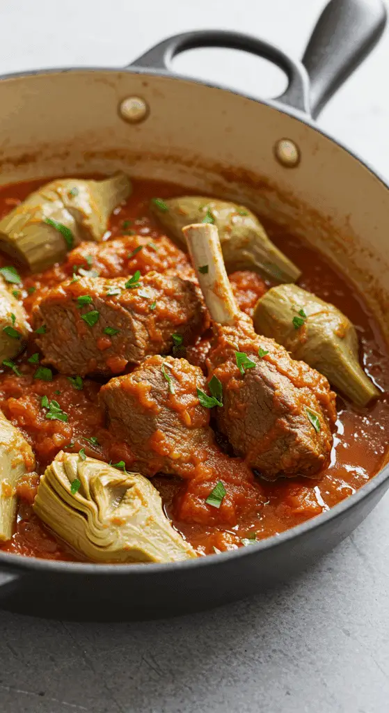 Ragoût d'agneau aux artichauts traditionnel dans cocotte fonte avec épices