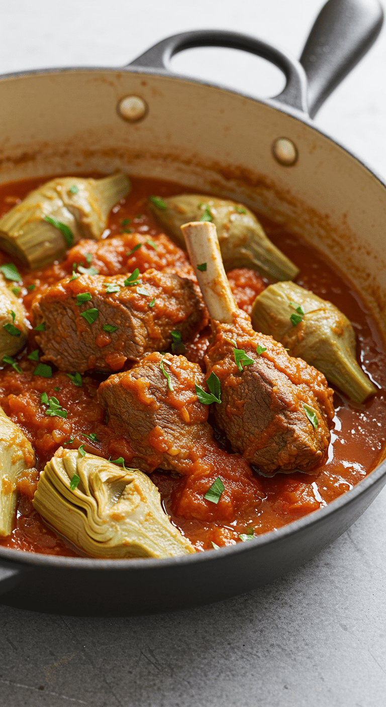 Ragoût d'agneau aux artichauts traditionnel dans cocotte fonte avec épices