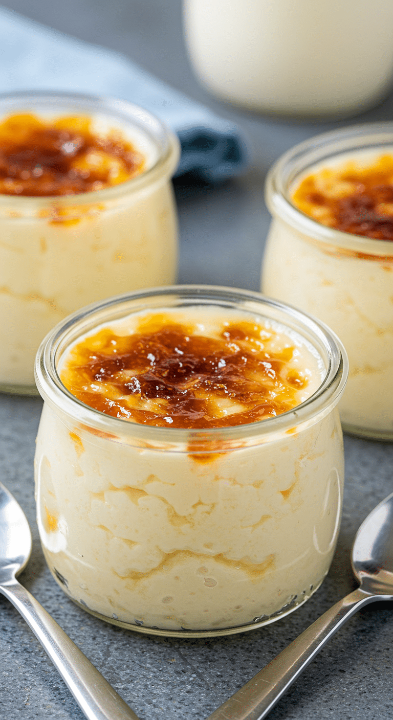Riz au lait au caramel ultra crémeux dans ramequin blanc avec cuillère